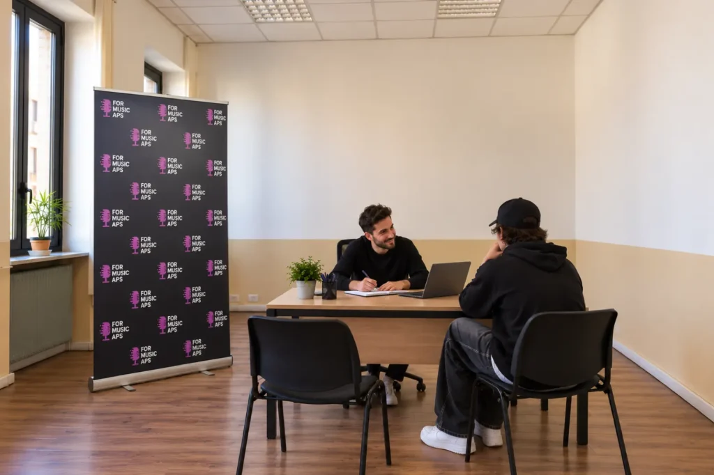 Un volontario di For Music APS ascolta un giovane artista seduto di fronte a lui, in una stanza con il roll-up dell'associazione