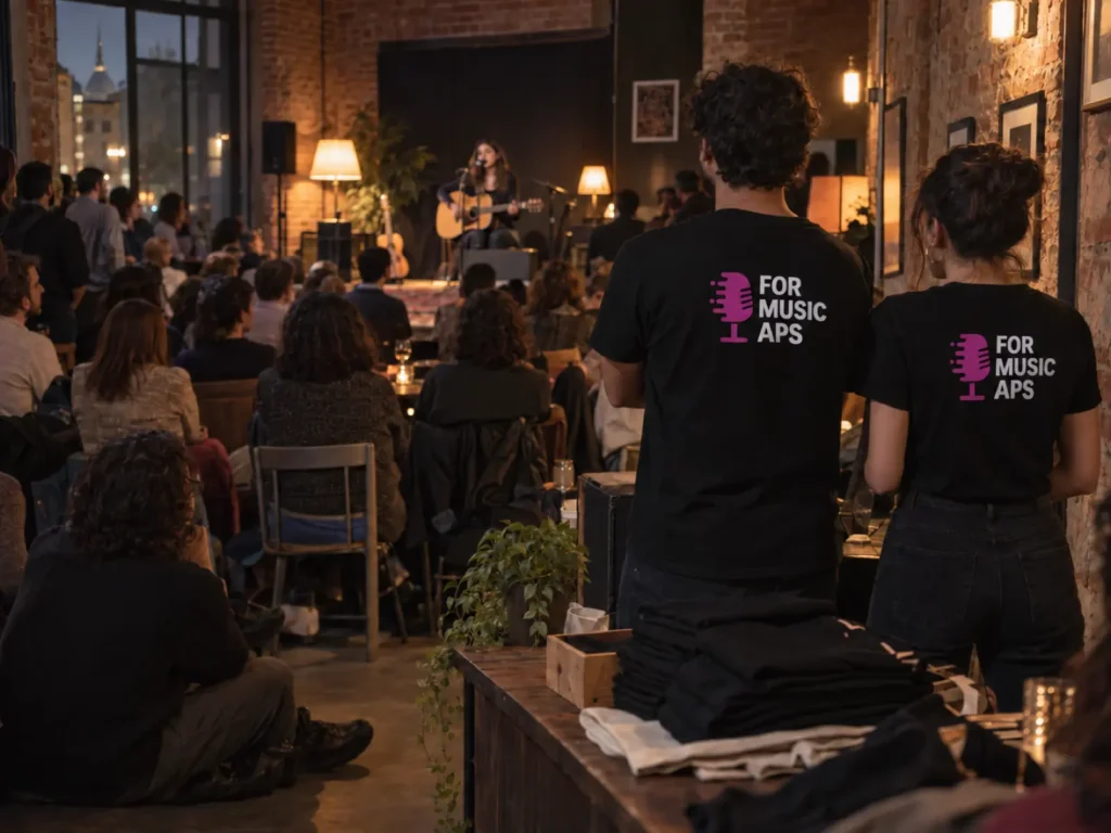 Il pubblico ascolta una cantautrice in un piccolo locale, con due volontari di For Music APS in maglietta nera