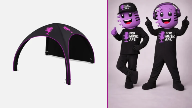 A sinistra il gazebo gonfiabile nero di For Music con i bordi viola e il microfono sul tetto, a destra le due mascotte viola con la maglietta nera dell'associazione