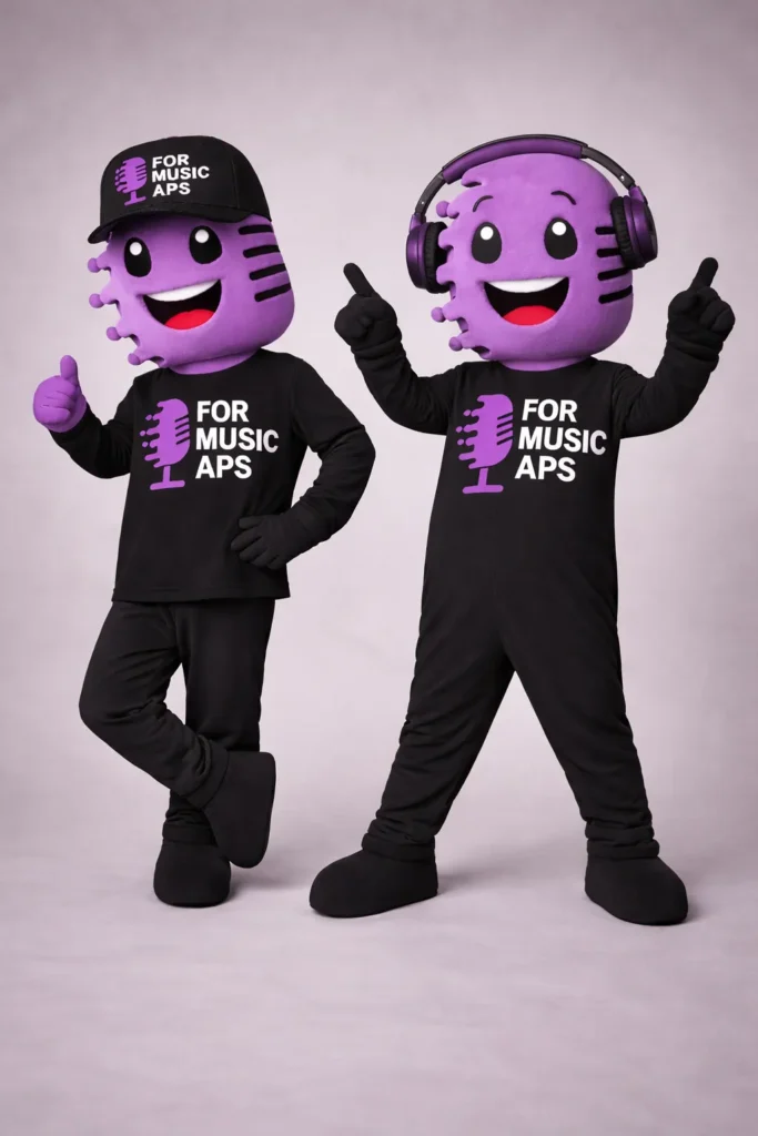 Bozzetto delle due mascotte di For Music: due microfoni viola sorridenti, uno con il cappellino e uno con le cuffie, con la maglietta nera dell'associazione
