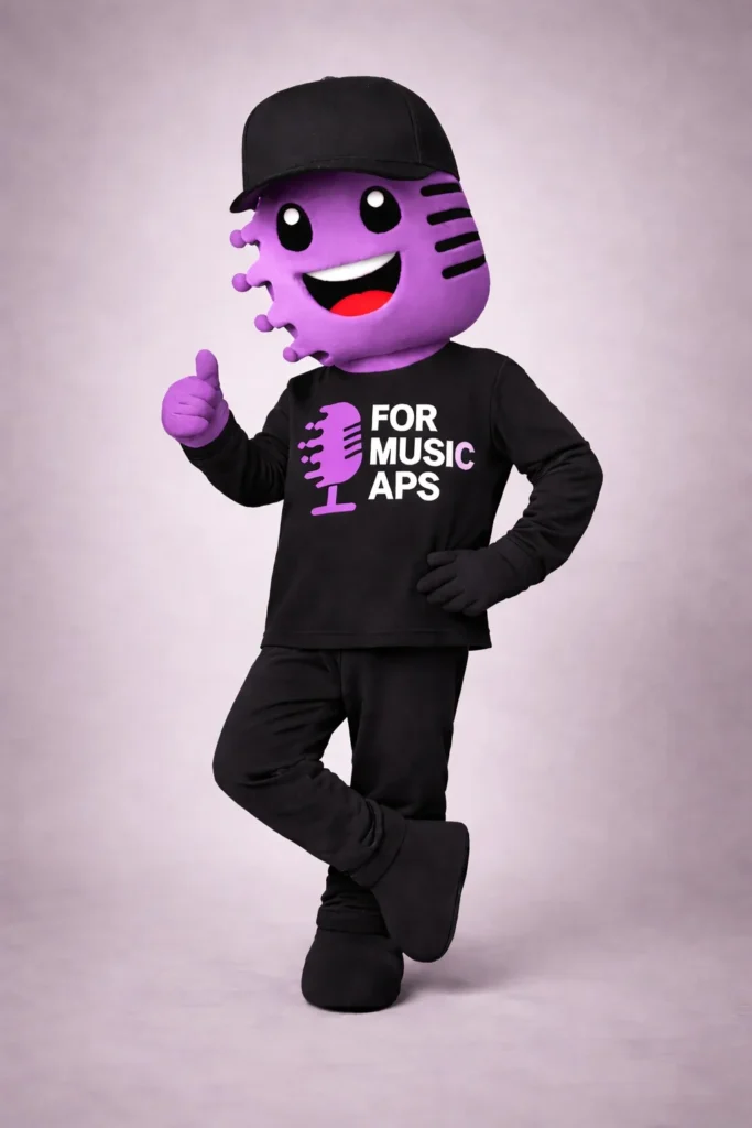 Bozzetto della mascotte di For Music con il cappellino nero, in posa con il pollice alzato