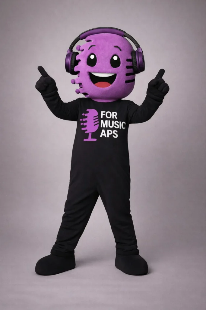 Bozzetto della mascotte di For Music con le cuffie, che indica in alto con entrambe le mani