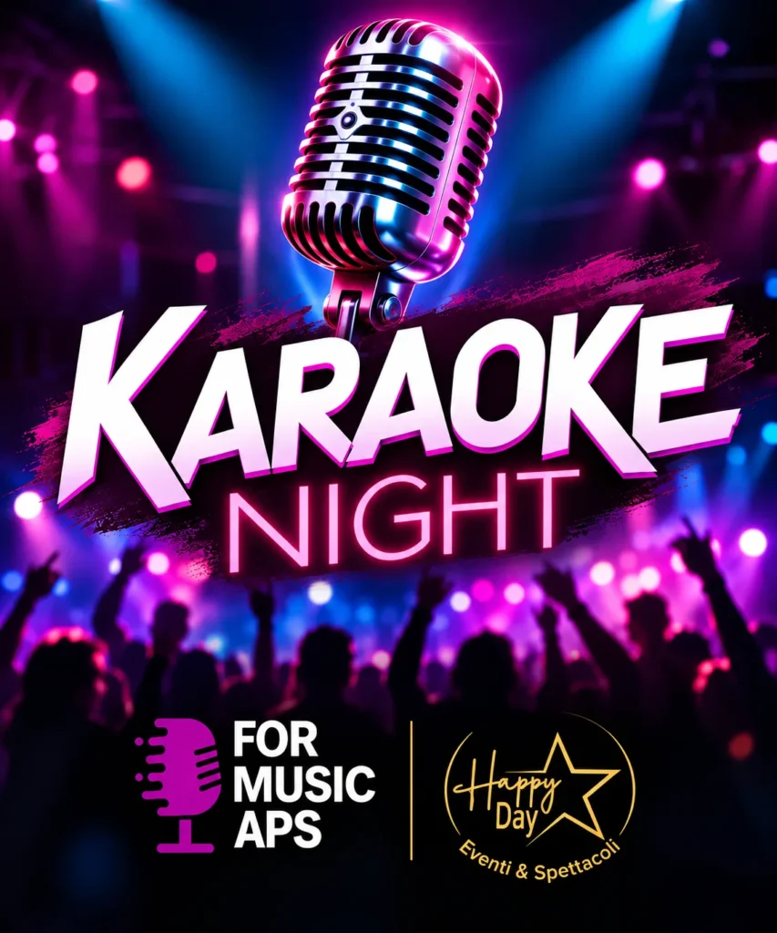 Locandina della Karaoke Night di For Music APS e Happy Day: un microfono vintage illuminato da luci viola e rosa sopra il pubblico