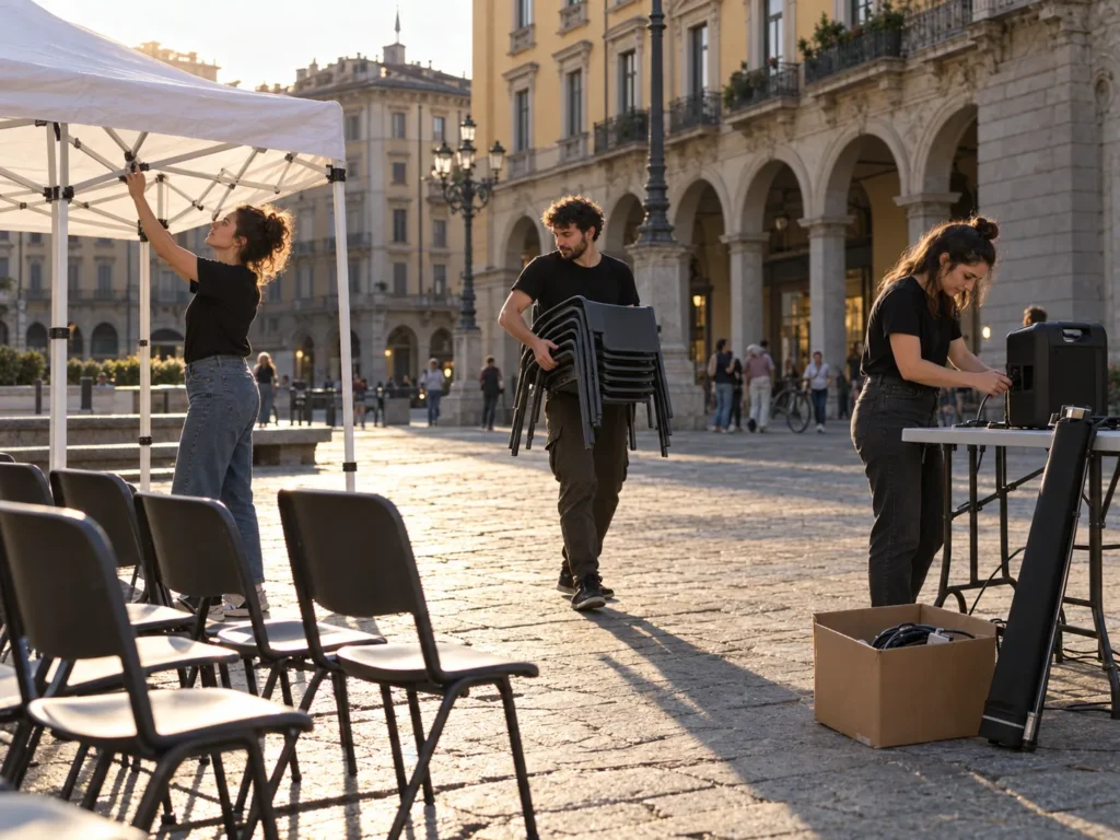 Tre volontari di For Music APS preparano un evento in una piazza di Torino: montano il gazebo, portano le sedie e collegano una cassa