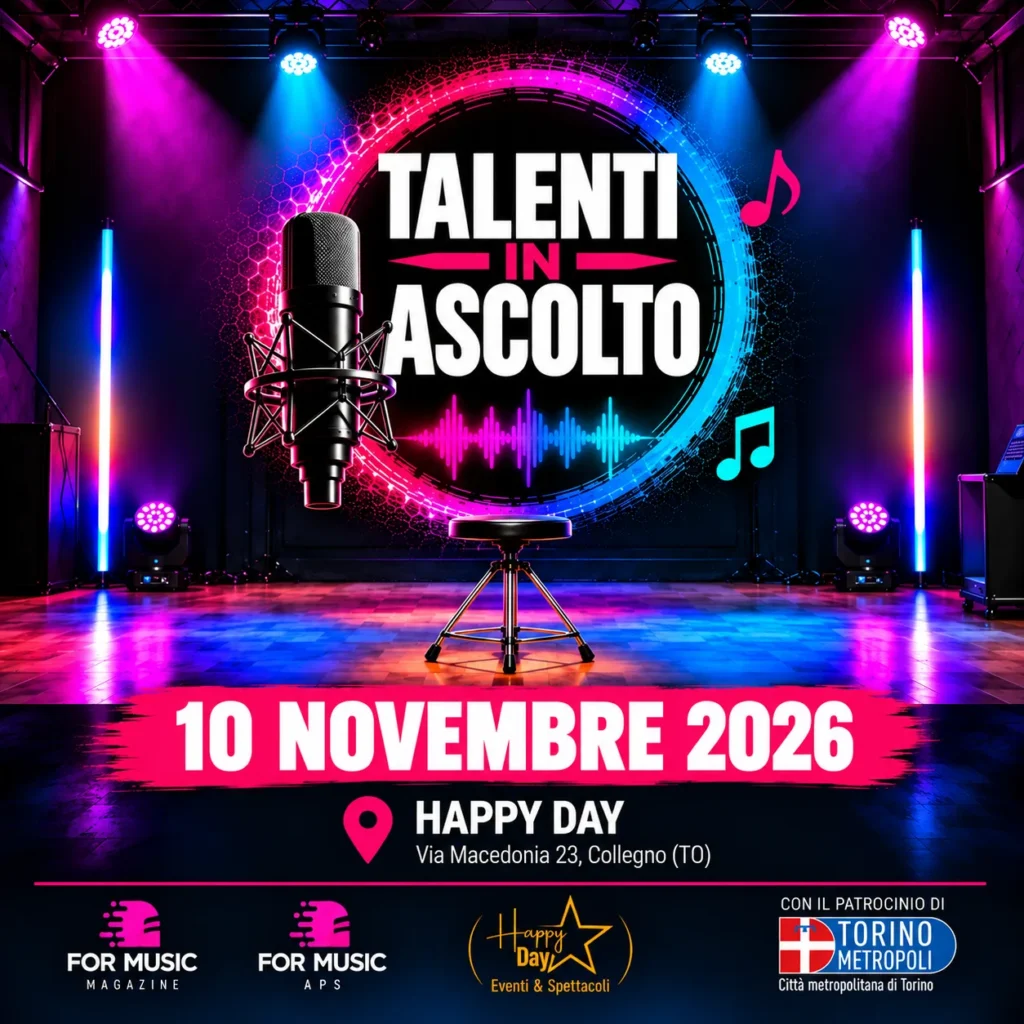 Locandina di Talenti in Ascolto del 10 novembre 2026 all'Happy Day di Collegno, con il patrocinio della Città metropolitana di Torino
